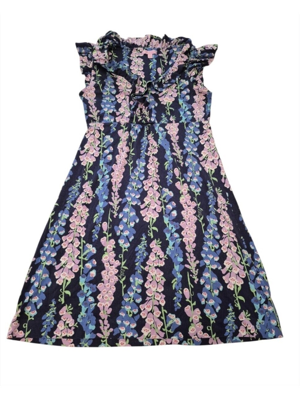 Lilly Pulitzer Foxy Foxglove Navy Floral Ruffle V-Neck Knit Dress Small